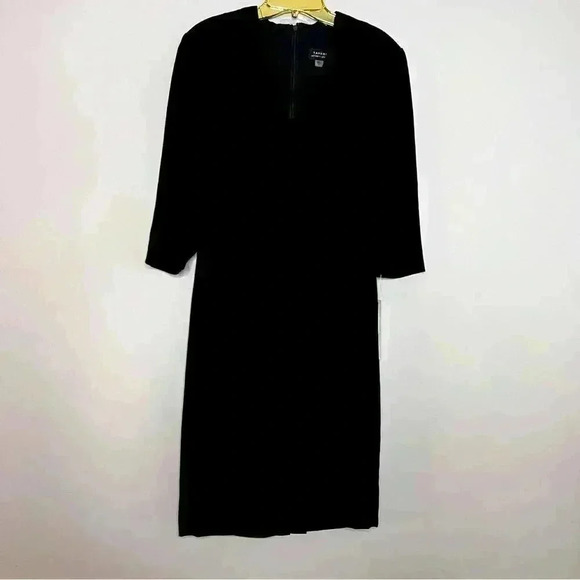 TAHARI ASL Ruched Waist Crepe Sheath Career Dress 3/4 Sleeve Black Size 8, NWT - Picture 1 of 5